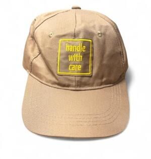 Handle With Care Tan 5 Panel Strapback Hat Cap Yellow Patch Brown